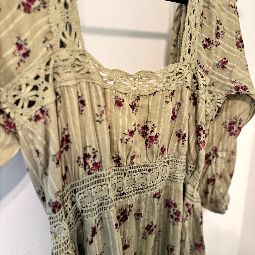 Free People Sage Green Floral Lace-Trim Midi Dress - Picture 7 of 7